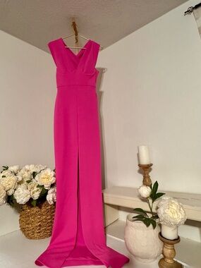 Solace London Bright Pink V-Neck Maxi Gown with Front Slit